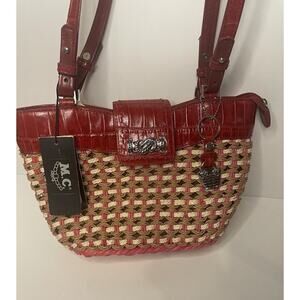 "M.C. Marc Chantal Red Straw & Leather Shoulder Bag Silver Tone Hardware NWT